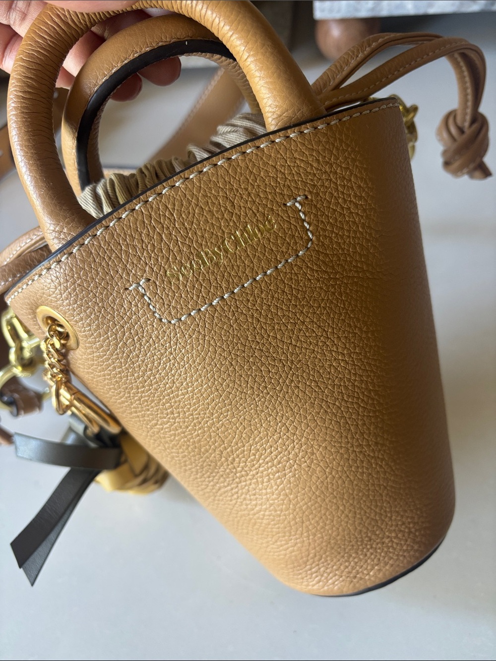 ❤️… SEE BY CHLOE Cecilya Tan Leather Mini Tote Crossbody Bag with Braided Accent